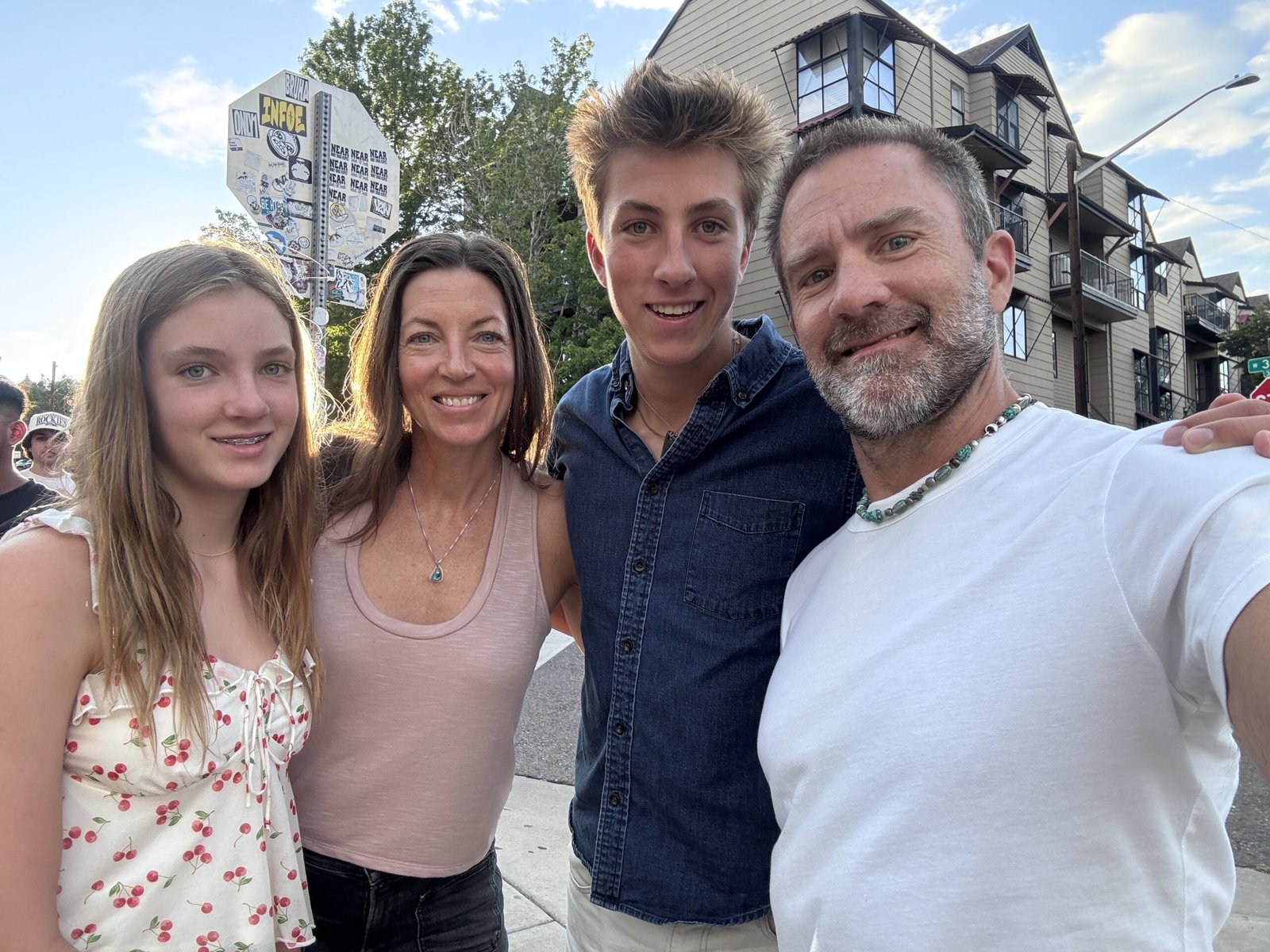 Jayson Gaddis with his family in a town street